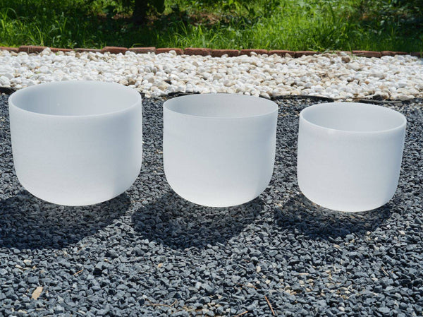 7' C, 8' F, 9' G White Crystal Singing Bowls Three-Piece Set