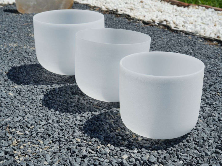 7' C, 8' F, 9' G White Crystal Singing Bowls Three-Piece Set