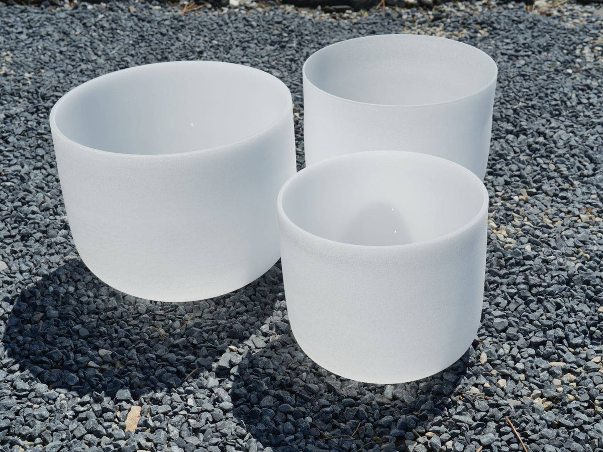 7' C, 8' F, 9' G White Crystal Singing Bowls Three-Piece Set