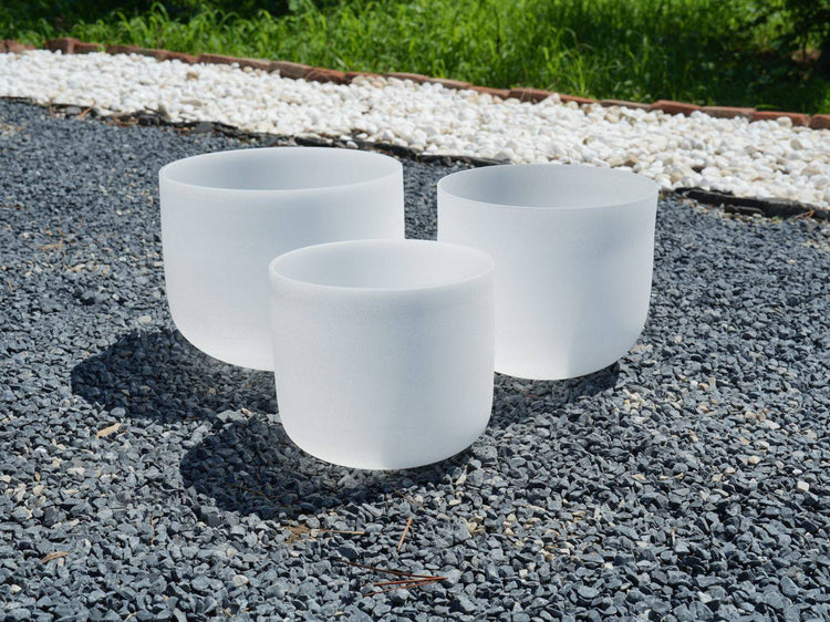 7' C, 8' F, 9' G White Crystal Singing Bowls Three-Piece Set