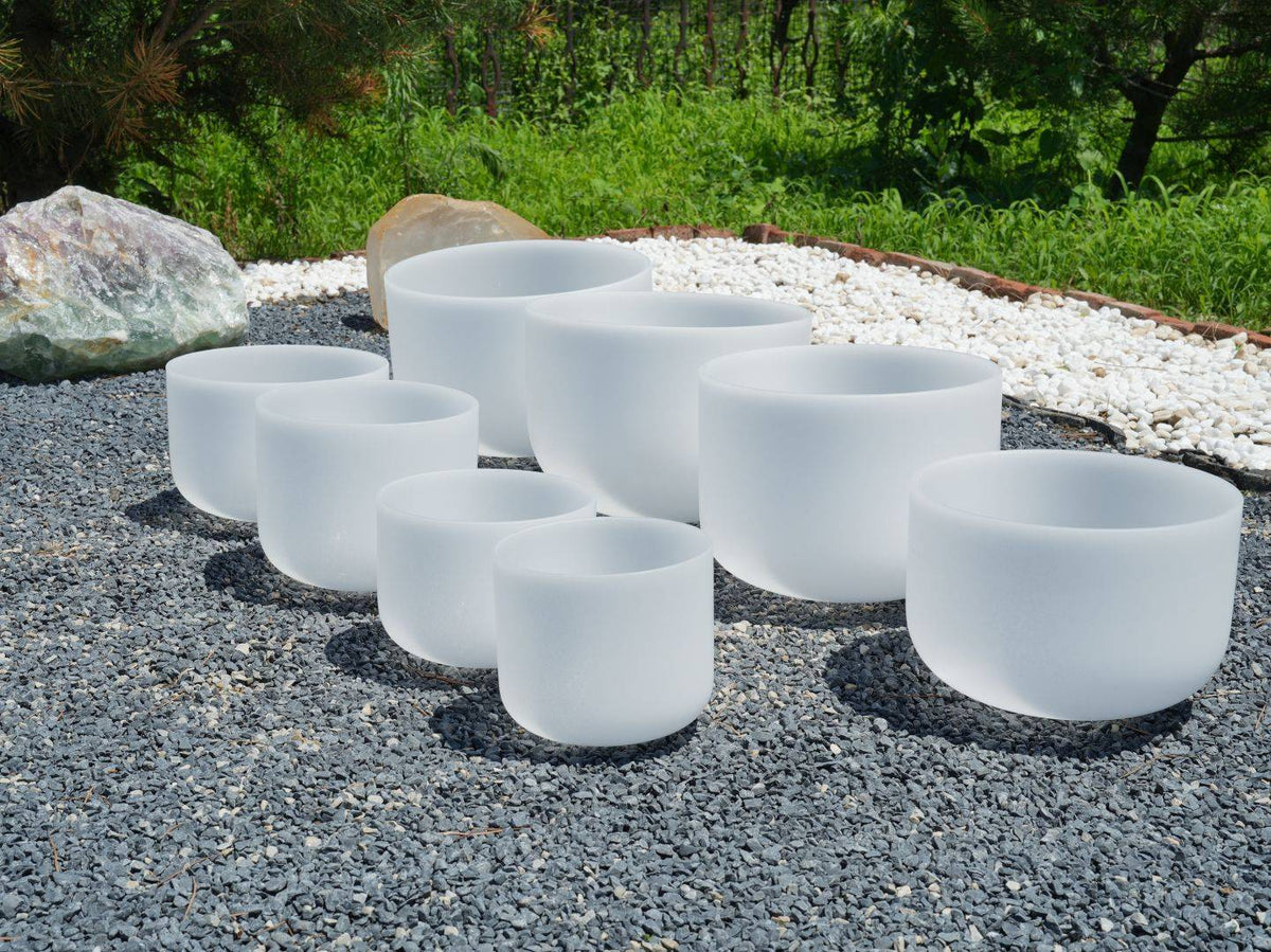 7 - 14 Inch White Polished Crystal Singing Bowl 8-Piece Set